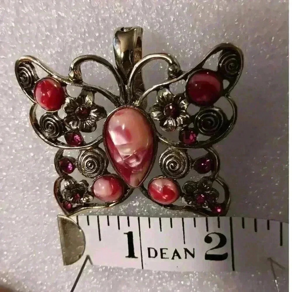 Vintage RMN Butterfly Floral Pendant Pink Silver Trim 2"×2¼ Magnetic Clip - Picture 5 of 6